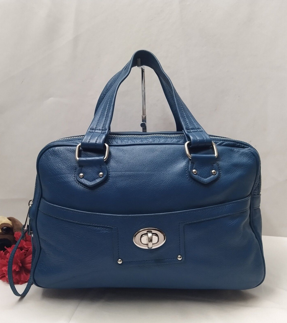 LUSH Blue Leather Turnlock Double Zipper Closure Satchel Bag
